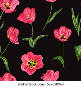 Elegant seamless pattern with tulip decorative flowers in watercolor style, design elements. Floral pattern for wedding invitations, cards, scrapbooking, print, gift wrap, manufacturing. Editable.