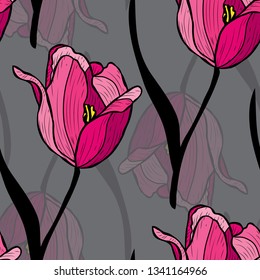 Elegant seamless pattern with tulip flowers, design elements. Floral  pattern for invitations, cards, print, gift wrap, manufacturing, textile, fabric, wallpapers