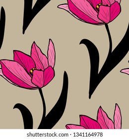 Elegant seamless pattern with tulip flowers, design elements. Floral  pattern for invitations, cards, print, gift wrap, manufacturing, textile, fabric, wallpapers