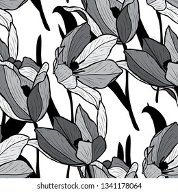 Elegant seamless pattern with tulip flowers, design elements. Floral  pattern for invitations, cards, print, gift wrap, manufacturing, textile, fabric, wallpapers