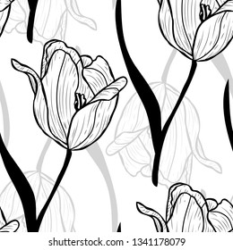 Elegant seamless pattern with tulip flowers, design elements. Floral  pattern for invitations, cards, print, gift wrap, manufacturing, textile, fabric, wallpapers