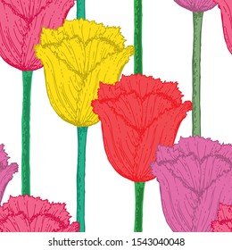 Elegant seamless pattern with tulip flowers, design elements. Floral  pattern for invitations, cards, print, gift wrap, manufacturing, textile, fabric, wallpapers