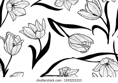 Elegant seamless pattern with tulip flowers, design elements. Floral  pattern for invitations, cards, print, gift wrap, manufacturing, textile, fabric, wallpapers