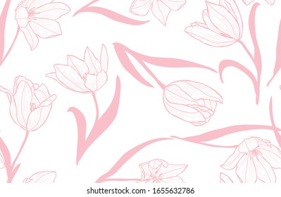 Elegant seamless pattern with tulip flowers, design elements. Floral  pattern for invitations, cards, print, gift wrap, manufacturing, textile, fabric, wallpapers