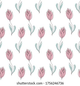 Elegant seamless pattern with tulip flowers, design elements. Floral  pattern for invitations, cards, print, gift wrap, manufacturing, textile, fabric, wallpapers. Continuous line art style