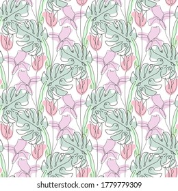 Elegant seamless pattern with tulip flowers, design elements. Floral  pattern for invitations, cards, print, gift wrap, manufacturing, textile, fabric, wallpapers. Continuous line art style