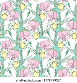 Elegantes, nahtloses Muster mit Tulpenblumen, Design-Elementen. Blumenmuster für Einladungen, Karten, Druck, Geschenkverpackung, Herstellung, Textilien, Gewebe, Wallpaper. Kunststil mit kontinuierlicher Linie