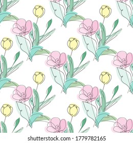 Elegant seamless pattern with tulip flowers, design elements. Floral  pattern for invitations, cards, print, gift wrap, manufacturing, textile, fabric, wallpapers. Continuous line art style
