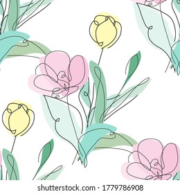 Elegant seamless pattern with tulip flowers, design elements. Floral  pattern for invitations, cards, print, gift wrap, manufacturing, textile, fabric, wallpapers. Continuous line art style
