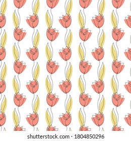 Elegantes, nahtloses Muster mit Tulpenblumen, Design-Elementen. Blumenmuster für Einladungen, Karten, Druck, Geschenkverpackung, Herstellung, Textilien, Gewebe, Wallpaper. Kunststil mit kontinuierlicher Linie