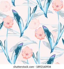 Elegant seamless pattern with tulip flowers, design elements. Floral  pattern for invitations, cards, print, gift wrap, manufacturing, textile, fabric, wallpapers