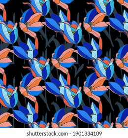 Elegantes, nahtloses Muster mit Tulpenblumen, Design-Elementen. Blumenmuster für Einladungen, Karten, Druck, Geschenkverpackungen, Herstellung, Textilien, Gewebe, Wallpaper