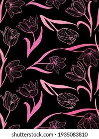 Elegant seamless pattern with tulip flowers, design elements. Floral  pattern for invitations, cards, print, gift wrap, manufacturing, textile, fabric, wallpapers