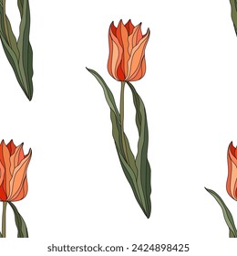 Elegantes nahtloses Muster mit Tulpenblumen, Designelementen. Blumenmuster für Einladungen, Karten, Druck, Geschenkverpackung, Herstellung, Textil, Stoff, Tapeten