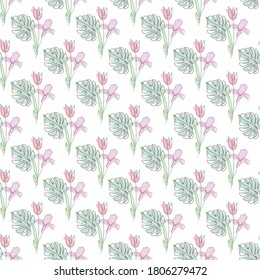 Elegant seamless pattern with tulip, iris and monstera, design elements. Floral  pattern for invitations, cards, print, gift wrap, manufacturing, textile, fabric, wallpapers. Continuous line art style