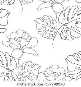Elegant seamless pattern with tulip and monstera, design elements. Floral  pattern for invitations, cards, print, gift wrap, manufacturing, textile, fabric, wallpapers. Continuous line art style