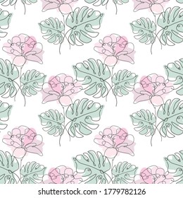 Elegante y sin fisuras con tulipán y monstera, elementos de diseño. Patrón floral para invitaciones, tarjetas, impresiones, envoltura de regalo, manufactura, textiles, tela, papel pintado. Estilo de arte de línea continuo
