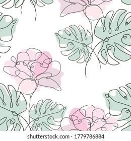 Elegant seamless pattern with tulip and monstera, design elements. Floral  pattern for invitations, cards, print, gift wrap, manufacturing, textile, fabric, wallpapers. Continuous line art style