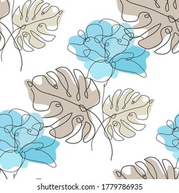 Elegant seamless pattern with tulip and monstera, design elements. Floral  pattern for invitations, cards, print, gift wrap, manufacturing, textile, fabric, wallpapers. Continuous line art style