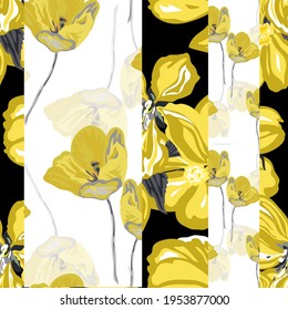 Elegantes, nahtloses Muster mit Tulpen- und Sakurenblumen, Design-Elementen. Blumenmuster für Einladungen, Karten, Druck, Geschenkverpackungen, Herstellung, Textilien, Gewebe, Wallpaper
