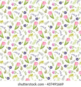 Elegant seamless pattern with tulips and wild flowers, vector illustration