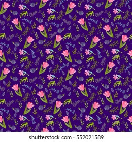 Elegant seamless pattern with tulips and wild flowers, vector illustration