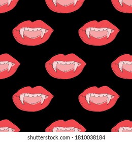 Elegante patrón impecable con labios de vampiros, elementos de diseño. Patrón de labios para invitaciones, tarjetas, impresión, envoltura de regalo, manufactura, textiles, tela, papel pintado. Estilo de arte de línea continuo