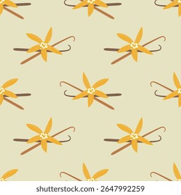 Elegant seamless pattern with vanilla pods and tropical vanilla flowers. Ideal for eco-friendly product packaging, botanical branding, and natural-themed designs.