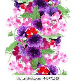 Elegant seamless pattern with verbena and petunia flowers in watercolor style, design elements. Floral pattern for wedding invitations, greeting cards, scrapbooking, print, gift wrap, manufacturing
