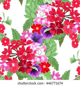 Elegant seamless pattern with verbena and petunia flowers in watercolor style, design elements. Floral pattern for wedding invitations, greeting cards, scrapbooking, print, gift wrap, manufacturing