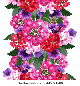 Elegant seamless pattern with verbena and petunia flowers in watercolor style, design elements. Floral pattern for wedding invitations, greeting cards, scrapbooking, print, gift wrap, manufacturing