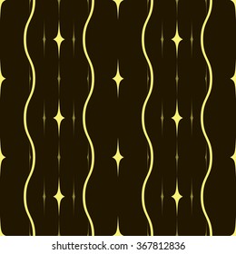 Elegant seamless pattern of vertical wavy lines and stars-shaped elements. Abstract print in black and golden colors. Vector illustration for beautiful creative design