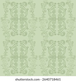 Elegant seamless pattern with vintage baroque scrolls and hand-drawn flourishes in soft green tones. Perfect for wallpapers, textile design, classic decor, or antique-inspired branding. This high