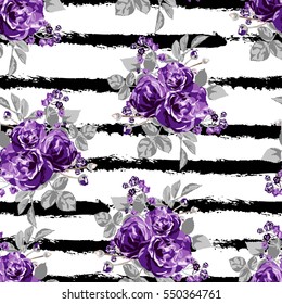 Elegant seamless pattern with violet rose flowers in watercolor style, design elements. Floral pattern for wedding invitations, greeting cards, scrapbooking, print, gift wrap, manufacturing. Editable