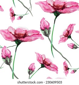 Elegant seamless pattern with watercolor painted pink flowers, design elements. Floral pattern for wedding invitations, greeting cards, scrapbooking, print, gift wrap, manufacturing