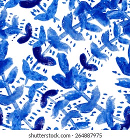 Elegant seamless pattern with watercolor painted blue leaves, design elements. Floral pattern for wedding invitations, greeting cards, scrapbooking, print, gift wrap, manufacturing