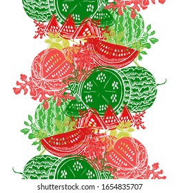 Elegant seamless pattern with watermelon fruits, design elements. Fruit  pattern for invitations, cards, print, gift wrap, manufacturing, textile, fabric, wallpapers. Food, kitchen, vegetarian theme