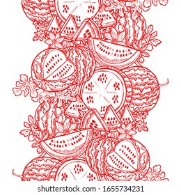 Elegant seamless pattern with watermelon fruits, design elements. Fruit  pattern for invitations, cards, print, gift wrap, manufacturing, textile, fabric, wallpapers. Food, kitchen, vegetarian theme