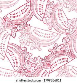 Elegant seamless pattern with watermelons, design elements. Fruit  pattern for invitations, cards, print, gift wrap, manufacturing, textile, fabric, wallpapers. Food, kitchen, vegetarian theme