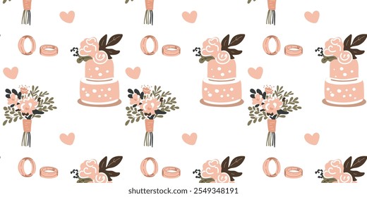 elegant seamless pattern with a wedding cake, bouquet, and rings