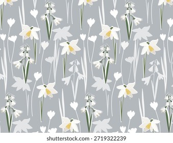 Elegante padrão sem emenda com narcisos brancos e gotas de neve no fundo cinza. Textura botânica vetor plana para tecido sofisticado empacotamento têxtil papel de parede decoração e artigos de papelaria.