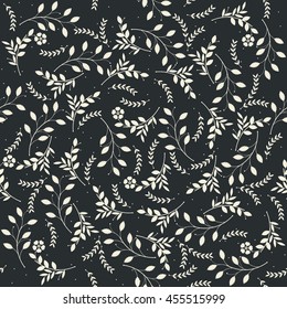 Elegant seamless pattern with white flowers and leaves on blue background. Vector template.