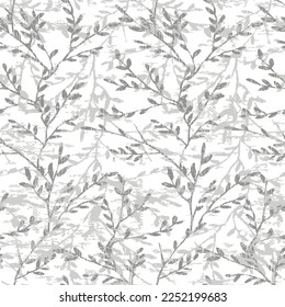 elegant seamless pattern with white hand drawn tansy,Twigs Seamless TREE LEAF Pattern on grey black leaf on white background.