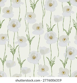 Elegant seamless pattern with white poppy flowers on a light background