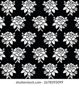 Elegante patrón sin fisuras de ramos de rosas blancas sobre un fondo negro, perfecto para la tela, el Fondo de pantalla, el embalaje y los proyectos de diseño decorativo con estilo