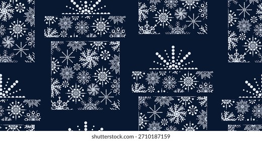 Elegante patrón sin fisuras de copos de nieve blancos en forma de cajas de regalo sobre fondo azul oscuro. Perfecto para estampados textiles, envolturas navideñas y diseños festivos