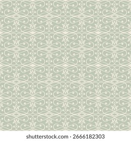 Elegant seamless pattern with white swirls on light green background. Perfect for textile, packaging, wallpaper, and digital design. Timeless vintage style.