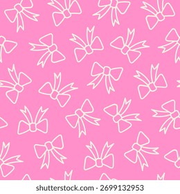 Elegant seamless pattern of white tied bows on a pink background. Trendy repeat texture for wedding, holiday, party decoration, gift, present concept, wrapping paper. Vector illustration
