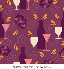 Elegant seamless pattern with wine bottles and glasses, grape and abstract elements in violet color. 