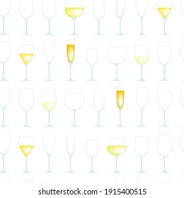 Elegant seamless pattern for the wine business. Glasses for white wine of different shapes on a white background. Vector design template for wrapping paper, cover, poster.
